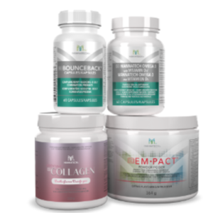 Set of four dietary supplement containers: Bounceback capsules, omega vitamin D, collagen powder, and EM-PACT powder.
