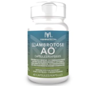 White bottle labeled Mannatech Ambrotose AO capsules, 60 capsules, with a blue-to-green gradient label.