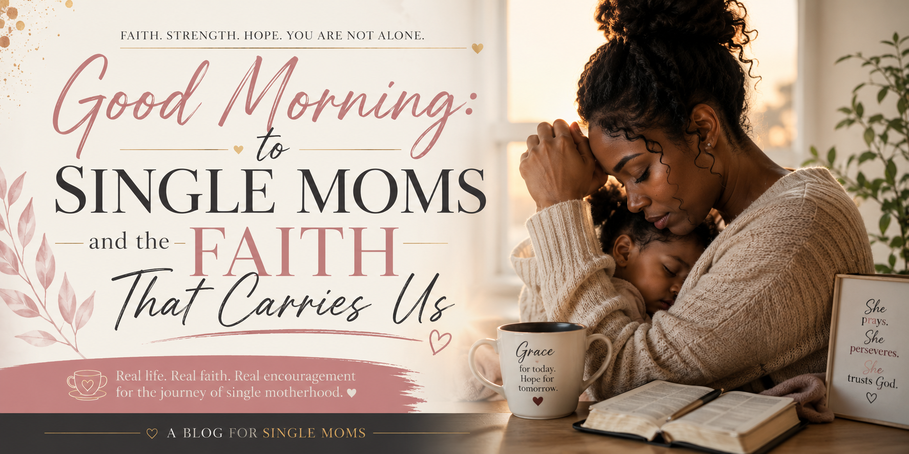 Hero banner: a mother embraces her sleeping child at a desk, with a coffee mug nearby and warm lighting, conveying a message for single moms.
