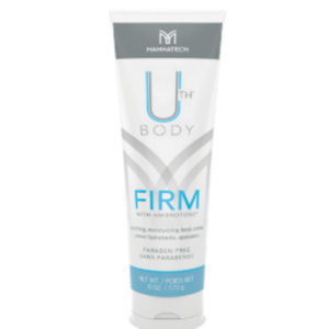 Tube of U Body Firm cream standing upright with blue and gray branding on a white background