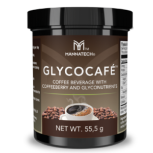 Glycocafé coffee beverage jar by Mannatech, net weight 55.5 g, with a cup of coffee and coffee beans on the label.