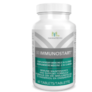 White bottle labeled Immunostart immune support supplement (60 tablets) by Mannatech.