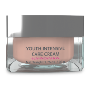 Glass jar of Youth Intensive Care Cream Foundation with a metallic lid, peach-colored cream visible inside, label reads 'Youth Intensive Care Cream Foundation'.