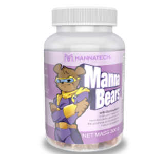 Bottle of Manna Bears dietary supplement with a cartoon bear in a purple superhero outfit on a purple label, white cap, net weight 300 g