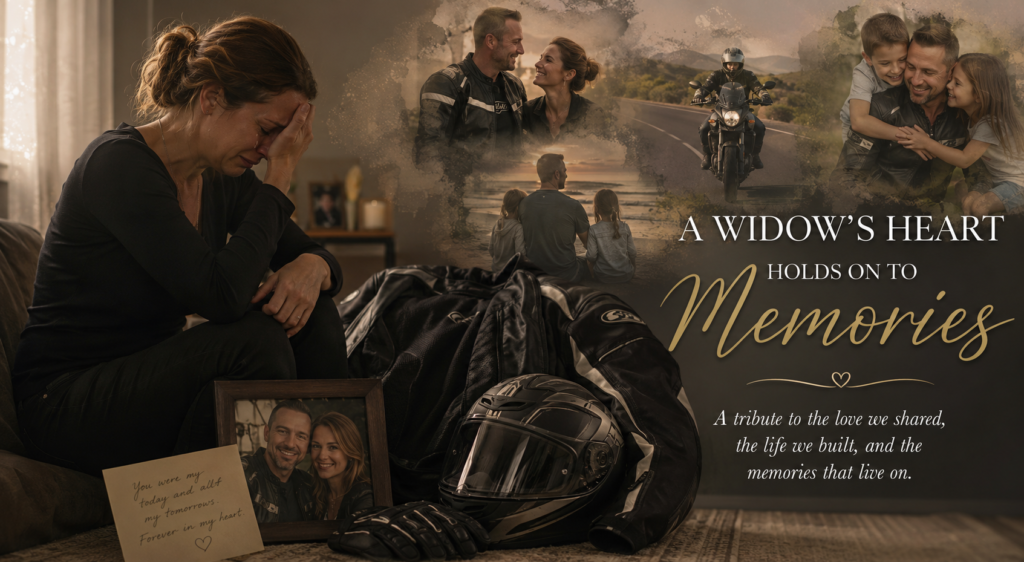 A grieving woman sits on a couch with her head in her hand, surrounded by photos, a motorcycle jacket, and a helmet as a memorial collage fills the background.